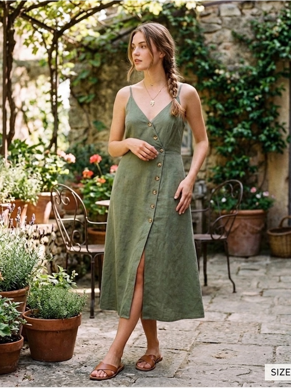Papillon linen Olive Green Button-Front  Midi Dress